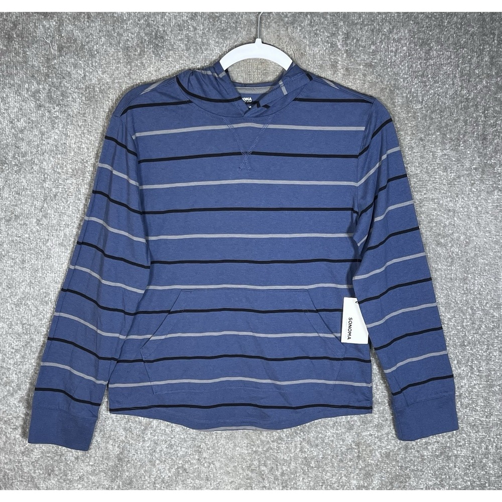Sonoma The Supersoft Hooded Tee Shirt Boys Size Large Blue Striped Pocket New